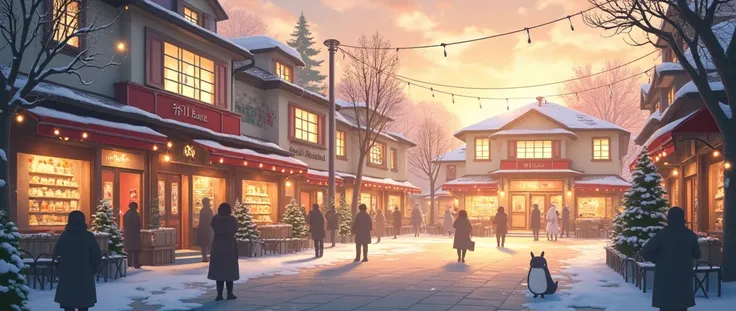 A large circular plaza surrounded by various shops during the Christmas festival, the atmosphere is festive, exciting and fun.first-person view, perspective, Ghibli-like colours, anime style, chromatic aberration, depth of field, three sided view, from beh...