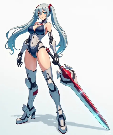   Anime Character  , girl,linda, Perfect body with gigantic breasts  ,  navy blue hair,  fitted robotic combat suit  ,   holding a large red crystal sword,    detailed image   ,   best quality  , Impeccable details 