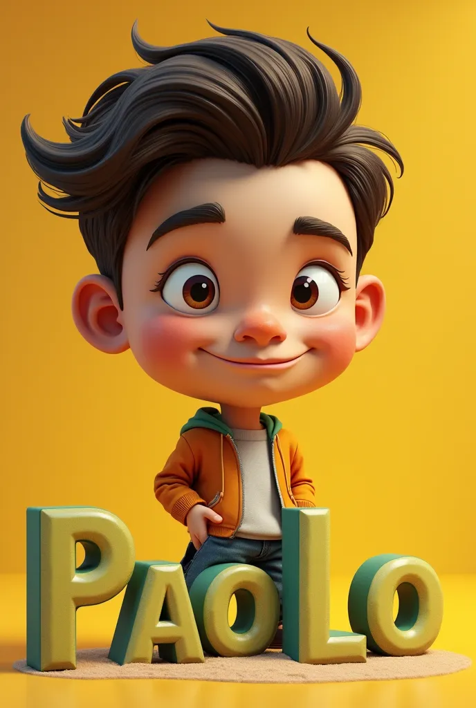 Create a caricature image of a teenager man with skin color similar to human. High qualijy realistic photo and there is a name "Paolo" writuen beneath the floor in 3D letter style, embossed and realistic, in black yellow, induim white and green written beneath the floor. FLATOP HAIR