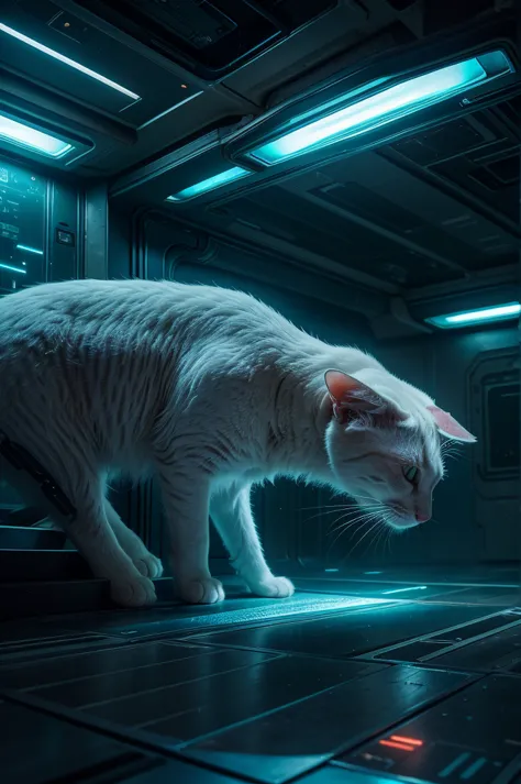 A white cat in a parallel universe, sci-fi environment, sci-fi ambient, far future, alien architecture, alien technology, vivid colors, photorealistic, 8k, highly detailed, cinematic lighting, dramatic atmosphere, dynamic composition, award winning, intric...