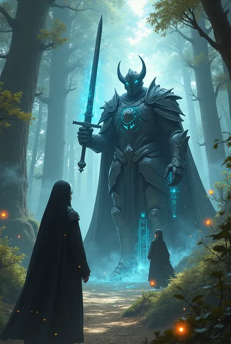 The background is an elf world , , the heros weapon, who is a human, is a hologram laptop,  The big elf knight wears black armor and a great sword, , a blue-haired nun in a cute nun suit, an elf 