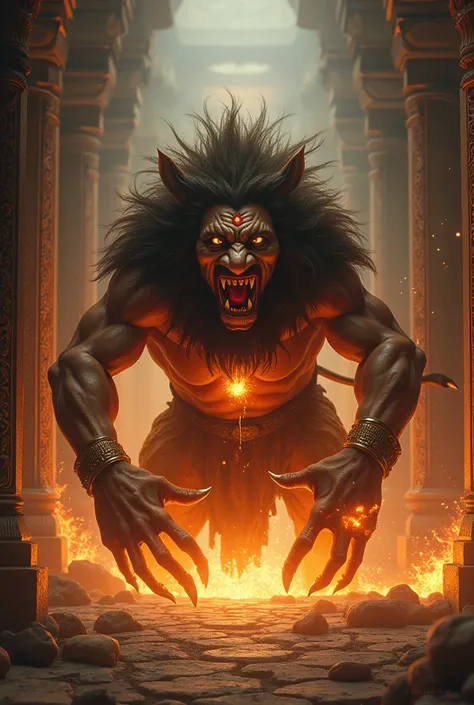 "A powerful and dramatic depiction of Narasimha, the half-lion, half-human avatar of Vishnu, sitting with Hiranyakashyap, the defiant demon king, on his lap. Narasimhas fierce and intense expression shows divine rage as he uses his sharp lion claws to tear...