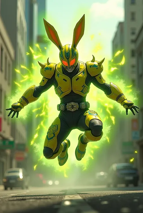  Kamen Rider Poison。Fight with the power of potions 。Yellow-green。The jumping power is amazing 。 I have a spring on my leg。rabbit motif 。The jump is amazing。