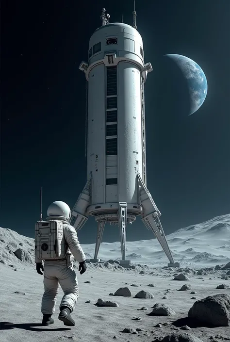 A futuristic rendering: a sleek, silver-gray Moon Base rises from the lunar surface, its cylindrical structure pierced by gleaming, angular windows and metallic struts. Against a stark black sky, the bases solar panels and antennae reflect the faint glow o...