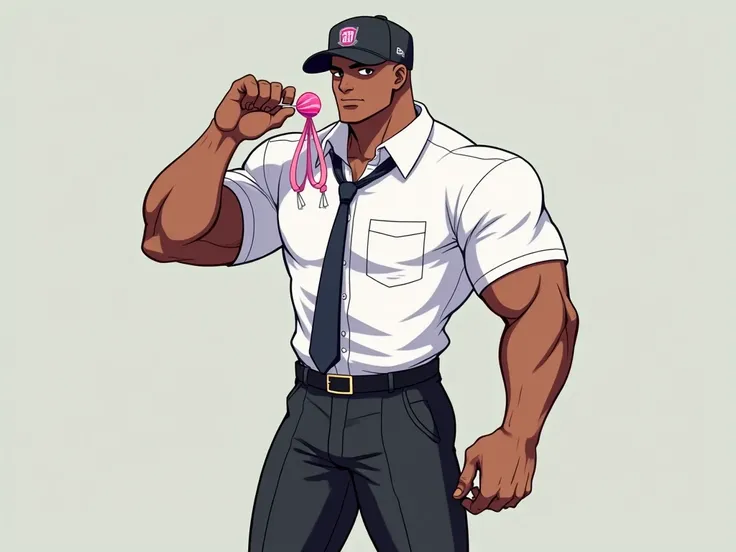 The  is wearing a school uniform, a white shirt, black pants, half-tipped socks, about . The body is muscular like a muscle player, wearing a fitted suit, holding a pink silk cord candy, wearing an amusement park team hat.