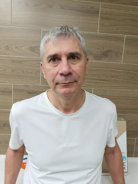 A photo of a fifty-year-old dentist with very short gray hair that covers a small part of his forehead. His narrow and low forehead is visible. The dentist has a clean-shaven face, and he looks great despite his thinness. His ears are pressed against his h...