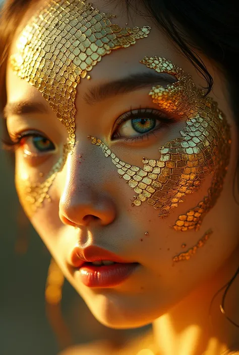 This image depicts a close-up of a Korean woman face with an extraordinary, fantastical appearance. The skin has a scaly, reptilian texture rendered in shimmering gold tones. These intricate scales cover most of the visible facial features, creating a mesm...