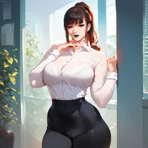 mixed_artwork style, 1 girl, standing alone, hands, beautiful woman, Asian, thick, Straight bangs, red ponytail hair, black lipstick,office outfit, fitness body, realistic, textures, 8K, perfect hand, perfect anatomy, visible curves, Breasts, 