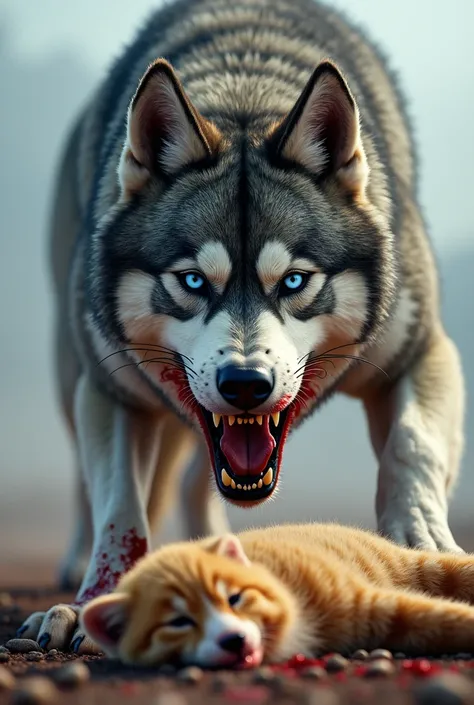 Angry husky breed dog has blood on the ground that killed the cat,cat in yellow