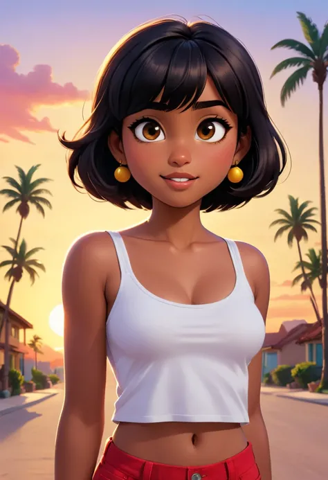 Small girl, young, (solo 0.6), black hair, bob cut hair, puffy hair, bangs, dark tan skin, Latina girl, brown eyes, oasis, sunset, white tank top, yellow panties, bead bracelet, looking down, bright red blushing, wide eyed, surprised, open mouth, big breas...