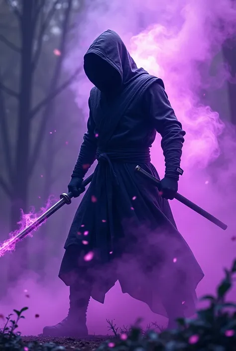 Ninja man you cant see his face with flames, violettes autour de lui