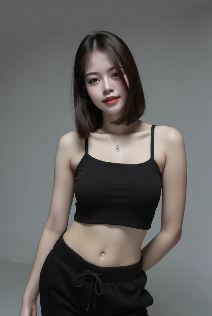 Photoshoot for Korean magazine Dazed, where the very beautiful Korean actress poses for the camera. The photos are futuristic, stylish and show off her toned figure. She has long bob hair, beautiful make-up, wearing a black tank top and tight jogging pants...