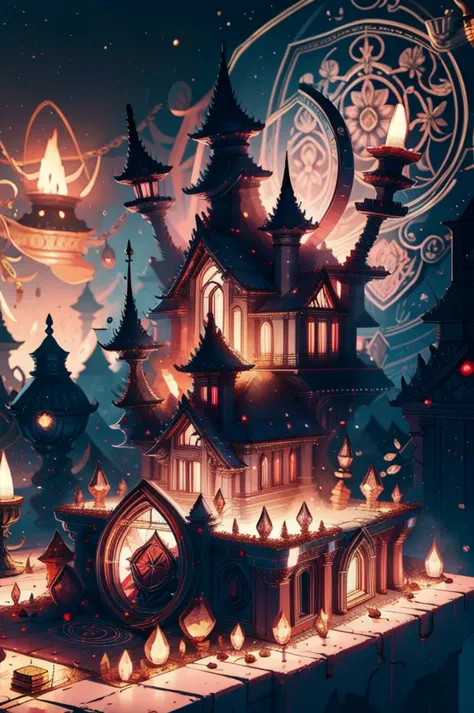 realistic drawing of a fire palace,  best quality ,  fire castle , night,