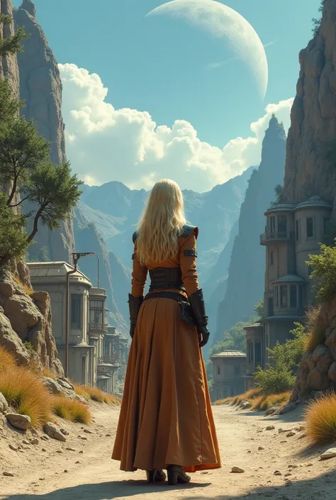 Dystopain universe and planet called Creedor, an non inhabited by anyone and only consist of a small starwars esc town. The surroundings are beautiful scenery with mountains and tall tall trees and two moons in the sky. There is a pretty women with blonde ...