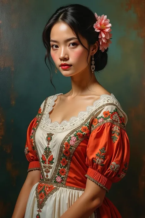 make a oil painting portrait of a woman wearing a traditional filipiniana dress of the Philippines 