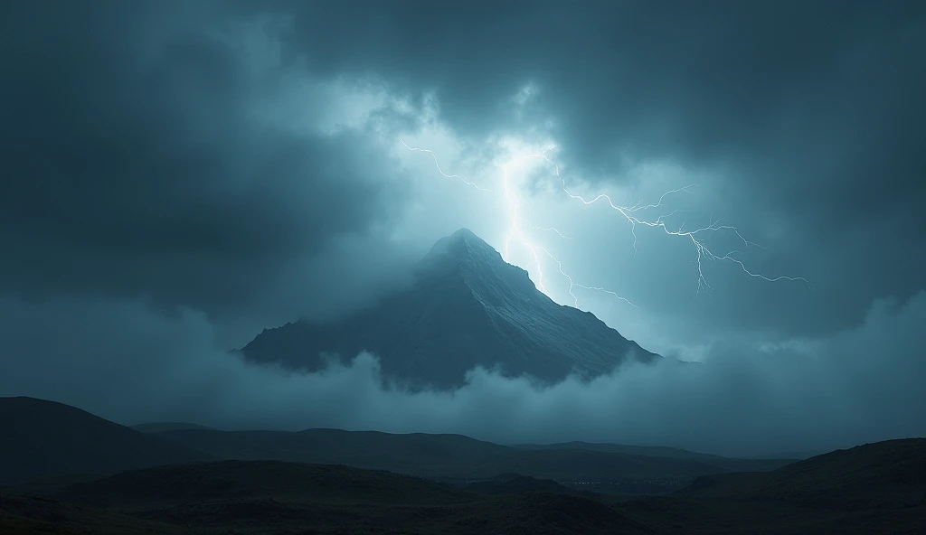 A stormy sky, lightning cracks through dark clouds. The camera pans down to reveal a desolate mountaintop, shrouded in mist. No human