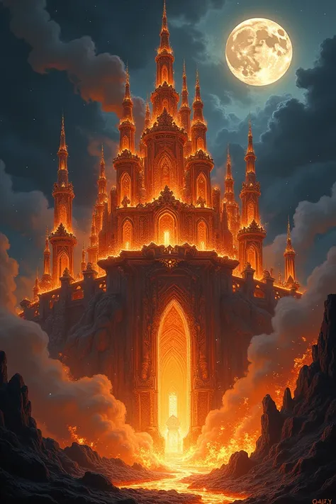  Realistic drawing of a fire palace,  best quality ,  Fire castle , night,