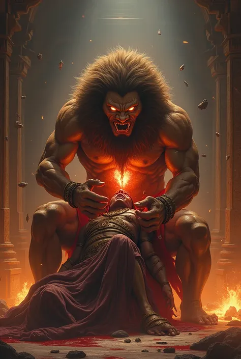 NARASIMHA IS DEPICTED IN A POWERFUL, INTENSE MOMENT, SITTING WITH THE DEFIANT DEMON KING HIRANYAKASHYAP ON HIS LAP. NARASIMHAS EYES BLAZE WITH DIVINE FURY AS HE FIRMLY GRIPS HIRANYAKASHYAP, USING HIS SHARP LION CLAWS TO TEAR OPEN THE KINGS CHEST. BLOOD FLO...