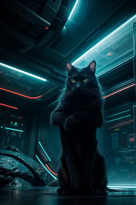 a black cat in a parallel universe, sci-fi environment, sci-fi ambient, far future, alien architecture, alien technology, vivid ...