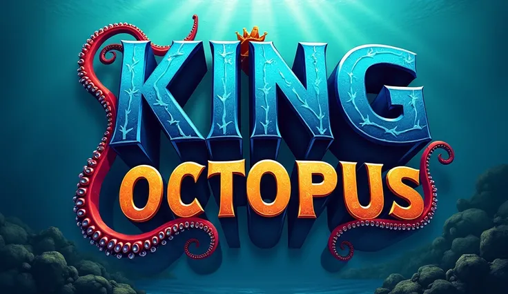 The text logo "KING OCTOPUS" uses bold and large font, blue and orange text, gives a unique shadow effect behind the text, ocean background