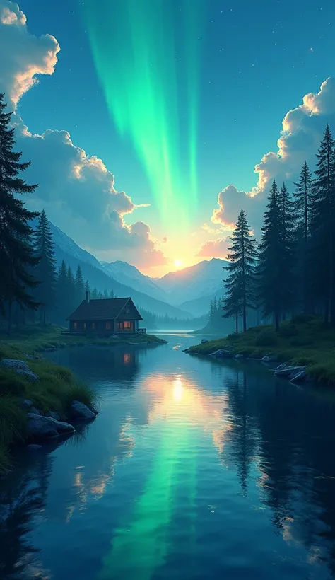 Create a wallpapper anime ilusstration landscape with a blue sky cinematic panoramic , sunset , and add a river and cabin in the wood at the florest , add young ladies, add sky auroraa green and blue High Resolution, 