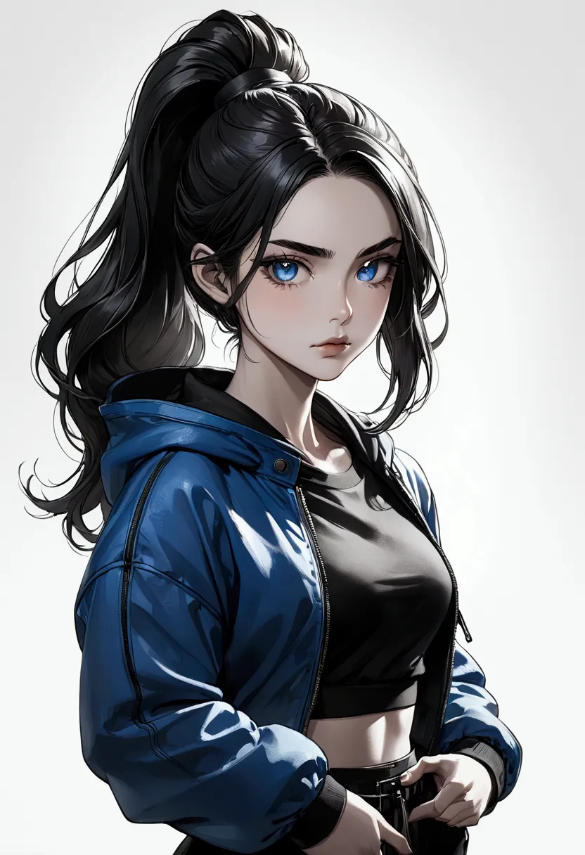 a semi-realistic anime-style woman with long, sleek black hair styled in a high ponytail. aged 21. she has a sharp, warm tan, sy...