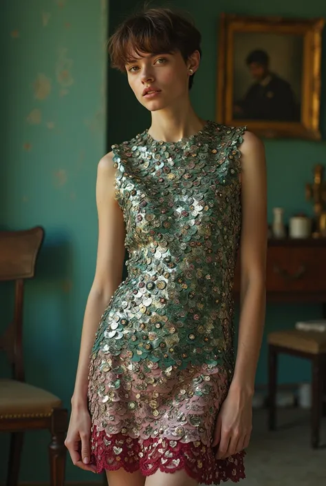 Editorial fashion shoot in the style of tim walker. A 60s mini shift dress made out of badges. The badges are layered like fish scales. The badges start at the hem of the dress and gradually as phase out towards the mid and top of the dress. The colour of ...