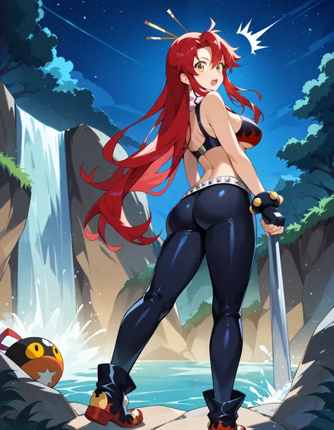 score_9, score_8_up, score_7_up,  rating_safe, BREAK, night, dark, waterfall, yoko_littner, tengen_toppa_gurren_lagann, 1girl, red_hair, yellow_eyes, ass, looking at viewer, surprised