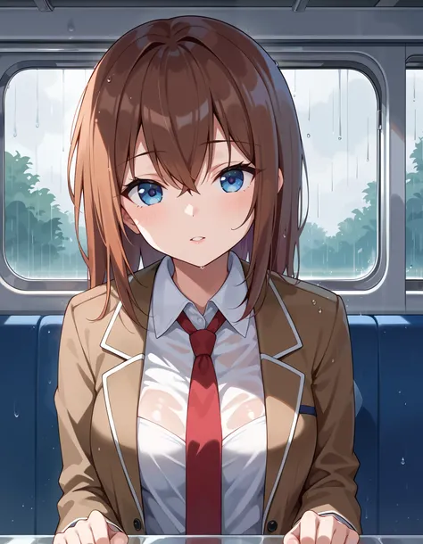 score_9, score_8_up, score_7_up, BREAK, makise_kurisu, steins;gate, 1girl, brown_hair, blue_eyes, white shirt, brown jacket inside a bus, raining outside, rain drops, window, reflection, bus_interior, red tie, thoughtful, dark, rain, raindrops, looking asi...