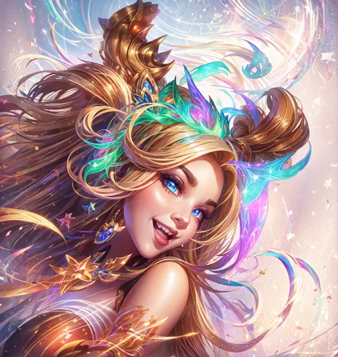 digital painting, league of legends,a young sexy girl with long blonde hair and joyful face,she is not wearing socks, thighs exp...