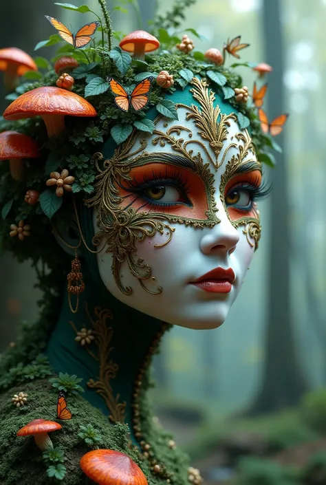 Unique captivating masquerade mask that symbolizes nature, masterpiece, fantasyand mystical forest As background