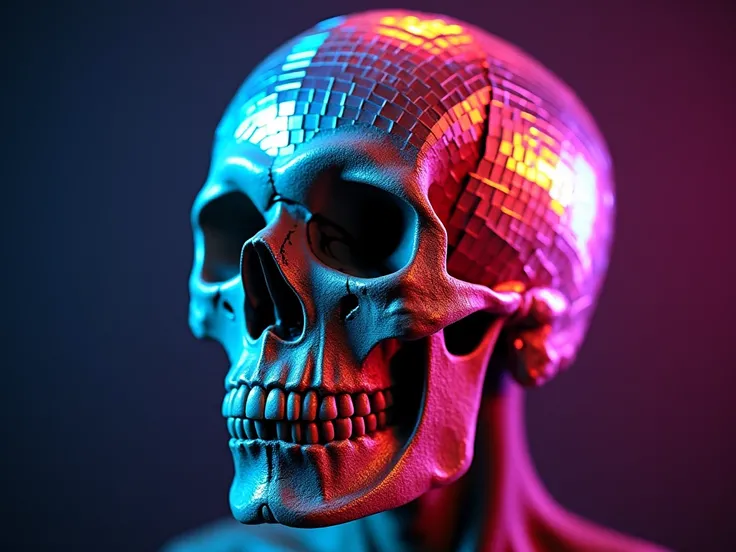 A colorful and bright disco ball .  In the middle of the ball, a human skull !  One half of the skull retained the skin and facial features of a living person!