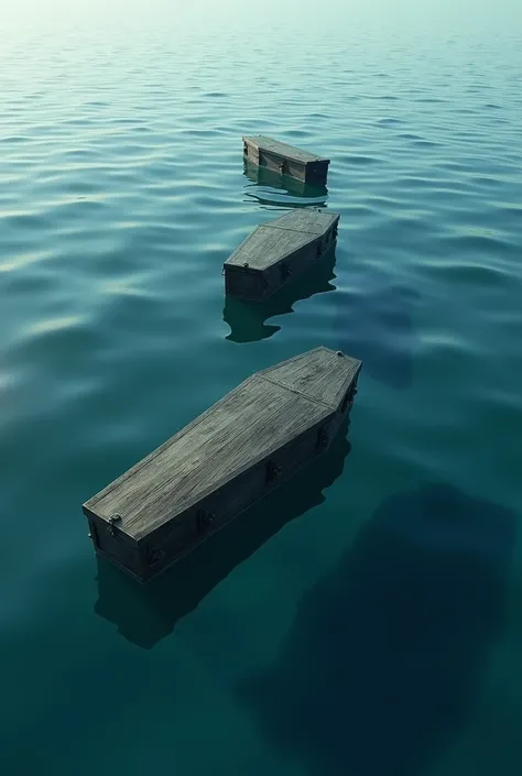 Three coffins in the middle of the sea and colon above