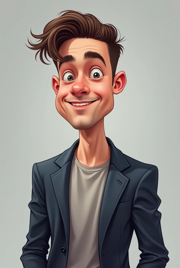 painting Vector , Caricature, Realistic,  of a handsome young man aged 25, short haired neat , Oblong round face,  with a very large head , wearing a blazer and t-shirt , posing close up ,  appears close up from the front of the entire body , background gr...