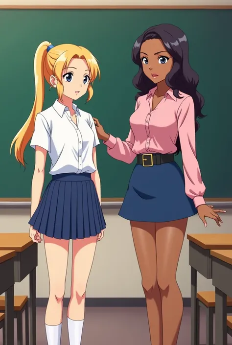  The teacher introduces the new student in the class the student is blonde with a ponytail blue eyes white blouse pleated blue miniskirt 
White ballet shoes and socks, In the background the blackboard and the teachers desk .

Description of the teacher
35 ...