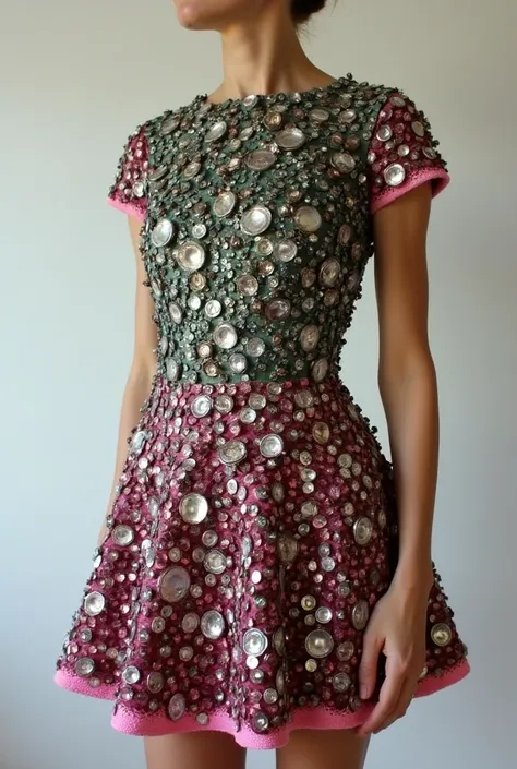 A 60s mini shift dress made out of badges. The colour of the badges are silver, burgundy, dark sage green and flesh tone pink and the colours are even. The badges start at the bottom of the dress and get less and less as they move up the dress. 