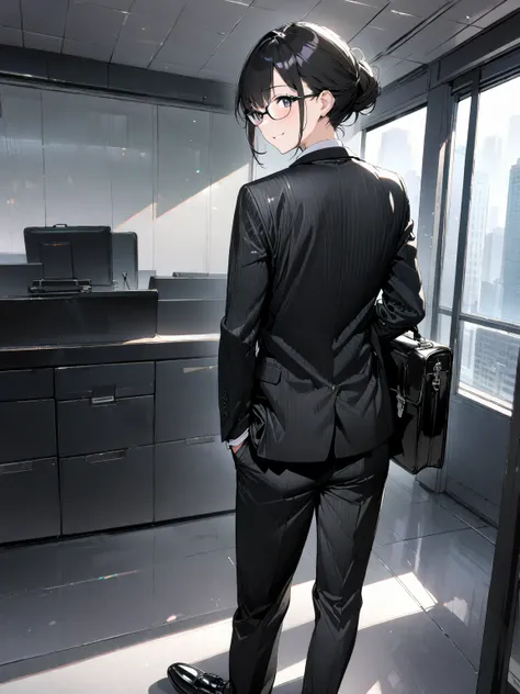 1 gril, cute smile, mens suit, tie, black leather shoes, black leather briefcase, glasses, all back, office area, outside, looking at camera,masterpiece, best quality, very aesthetic, absurdres