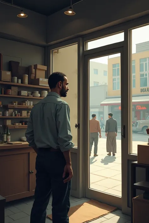 A disappointed Ali looking at an empty shop, with only a few customers passing by