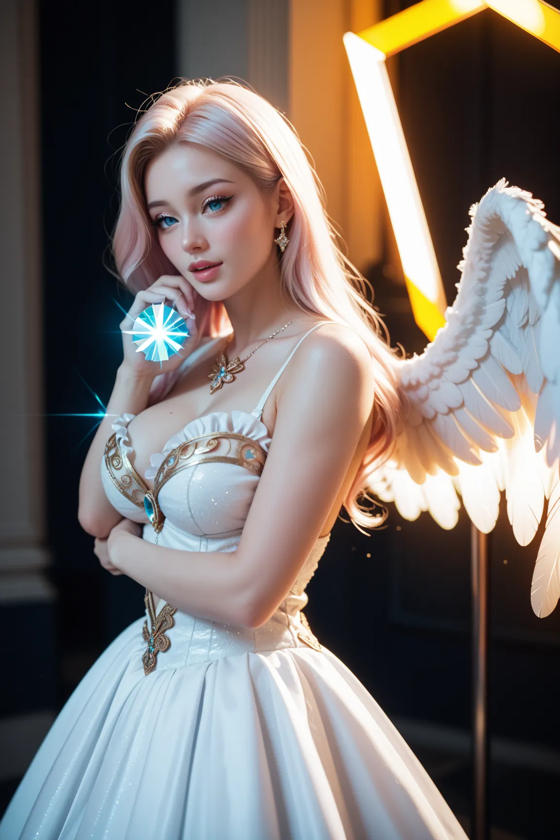 masterpiece, (best quality:1.2), [:intricate details:0.2], 1girl, large breasts, angel, angel wings, white frills, (daytime sky), shimmering aura, intense focus, crackling energy, mysterious symbols, sparkling motes,