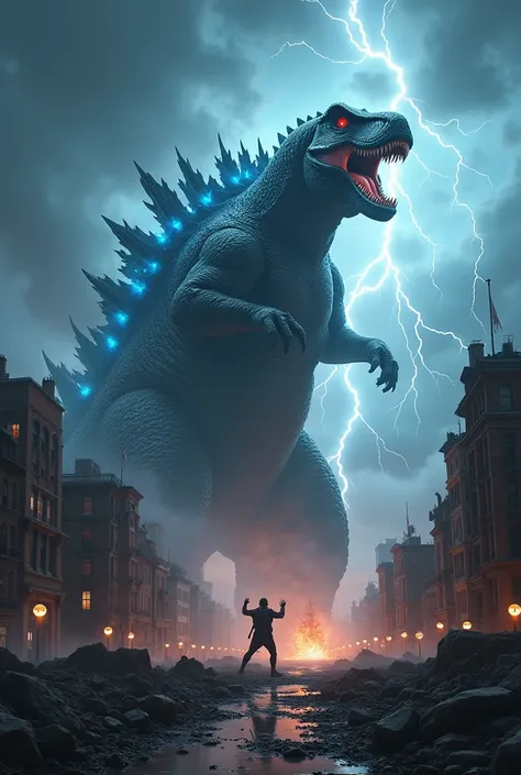 A colossal T-Rex faces a towering Godzilla in the middle of a destroyed city. Lightning crackles in the stormy sky as the T-Rex growls, its teeth glinting, while Godzillas dorsal spikes glow a fierce blue.