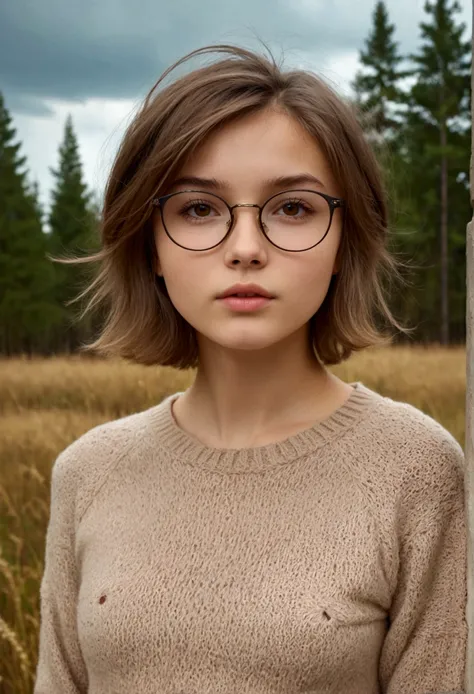 Masterpiece of nu-style photography, high quality, perfect anatomy, nature background; pretty russian girl 19yo, rounded face, elegant glasses, extremely small breast, brown eyes, shameless, short shaggy brown hair, tomboy, parted sensual lips; random outf...