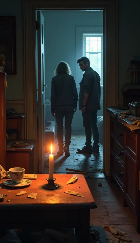 Scene 3D .They enter an old house. Inside the house everything is scattered, but a fresh candle is seen burning on a table.