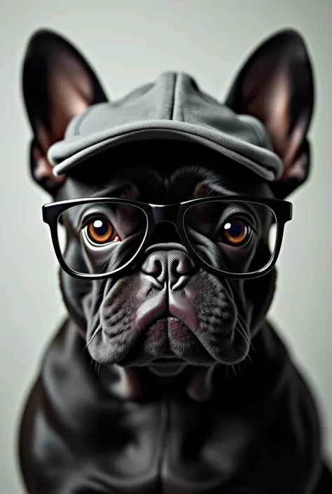 The face of a black French bulldog with black glasses and gray converse cap