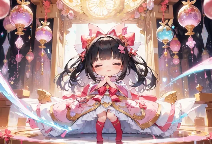 (delicate and beautiful), (immensely cute and perfect anime illustration),
((cute detailed bunt bangs))
(vivid black hair delicate long hair with many Magical Girl Accessories),
(best cute chibi character girl) (age 15), (best cute closed eyes), (cute smil...