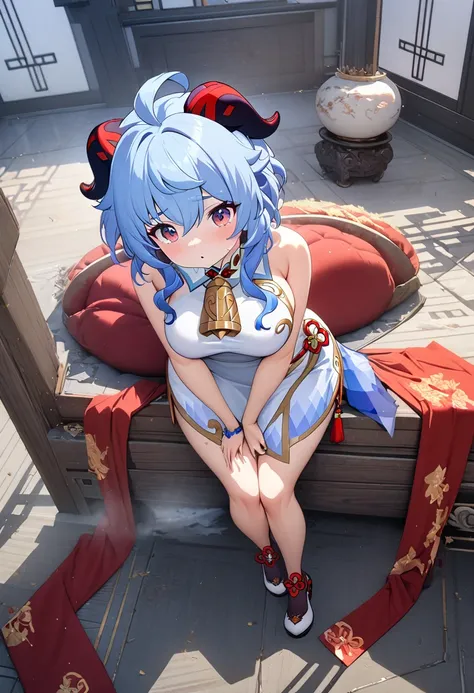 8k, masterpiece, best quality, ultra detailed, Ultra-high resolution, Highly detailed CG, break, 1girl, ganyu(genshin impact), kawaii, nsfw, huge breasts, (Cheongsam:1.2), full body, indoors, sitting on sofa