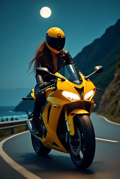    realistic full-length photo   ,  woman   , beautiful, Sports,  with brown hair to the waist   , in leather pants,  leather jacket, wearing a Shark Spartan GT ,    rides a bright yellow Kawasaki Ninja motorcycle down the road at night,  large motorcycle ...