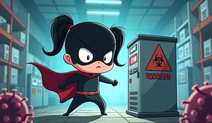  a cartoon ( big curious eyes,two  pony tail black hair, wearing a simple superhero black costume and a half black mask on eyes) is destroying a virus machine box ( biohazard written) in a laboratory 
