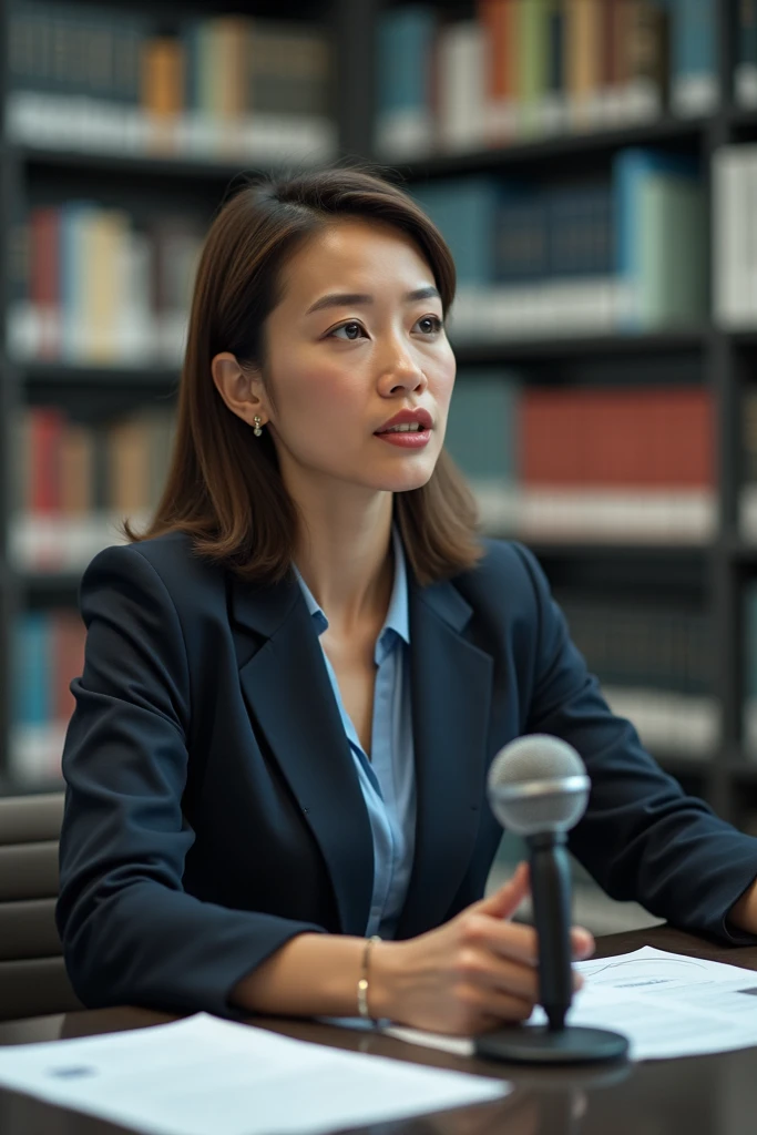 "A woman is sitting in a library in such a way that she is being recorded on camera. She is delivering news, and in the background, laboratory books can also be seen."

