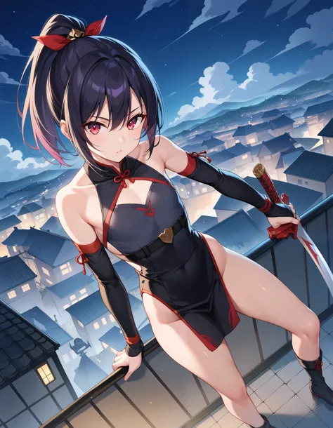 score_9, score_8_up, score_7_up,  BREAK
standing on rooftop, rooftop,
night, 
fog,
view from above,
holding weapon in hand, kunai,
BREAK
view from above, looking at viewer,
holding weapon in hand, kunai,
 1girl, lhakatsuki, ponytail, flat chest, assassin c...