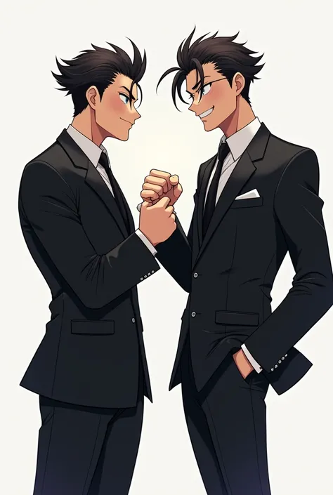 Anime boyes standing face to face doing fist bump wearing black suit 